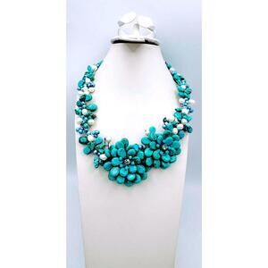 Turquoise rounded beads & nuggets, w/ white fresh water pearls handmade bib